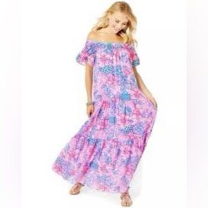 Lilly Pulitzer Dezi Off-the-Shoulder Maxi Dress Pink Isle Snappy Turtle print.